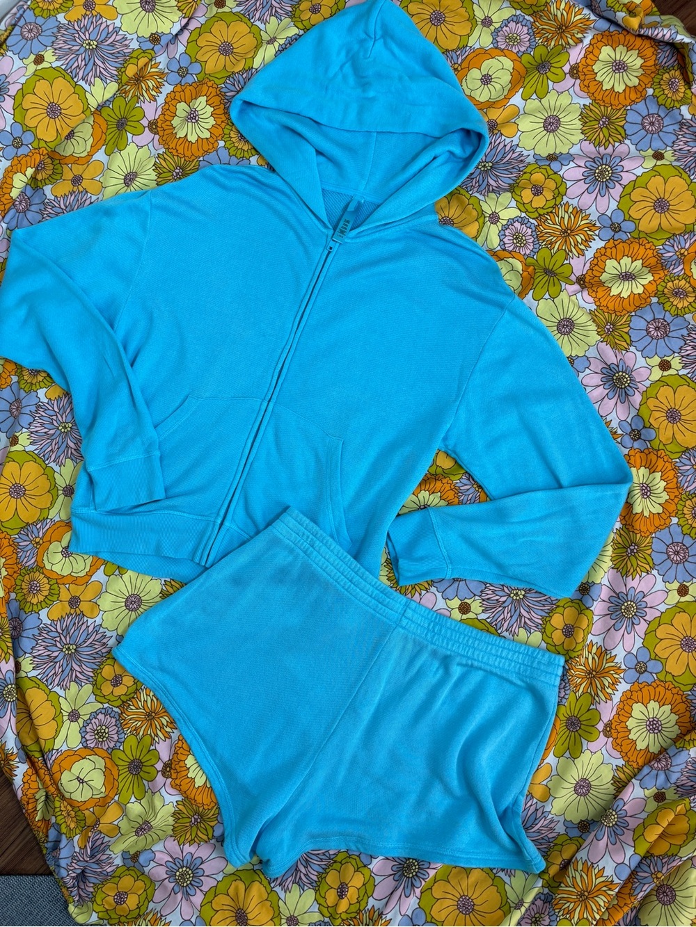 SKIMS Turquoise Zip Hoodie & Lounge Shorts Set